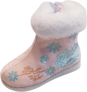 3 to 13 Years Ankle Shoes for Baby Children Warm Cotton Boots Embroidered Boots National Boots (Pink, 2.5 Big Kids)
