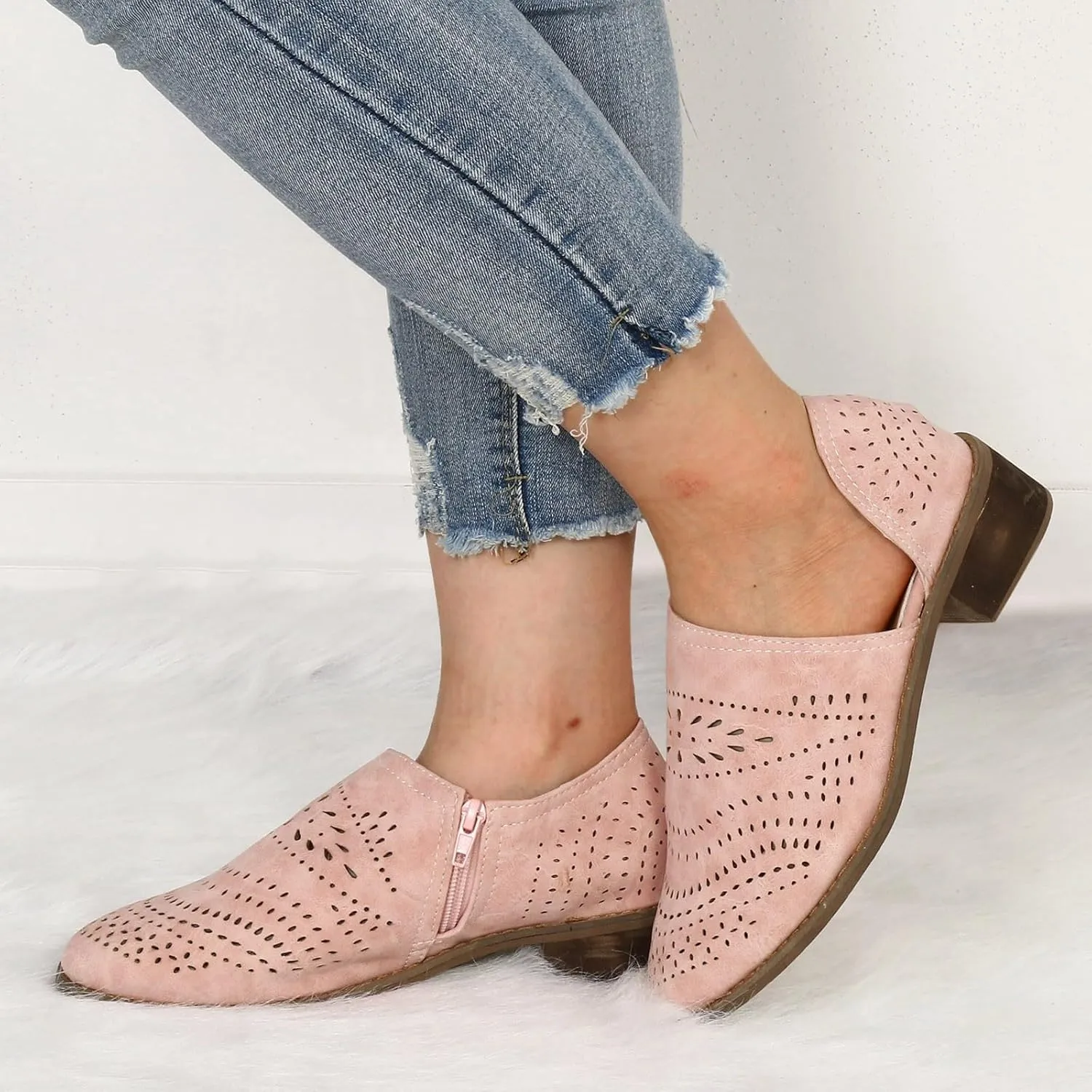Ankle Boots for Women Casual Slip On Loafers Pointed Toe Chunky Block Low Heel Shoes Cut out Office Dress Casual Booties