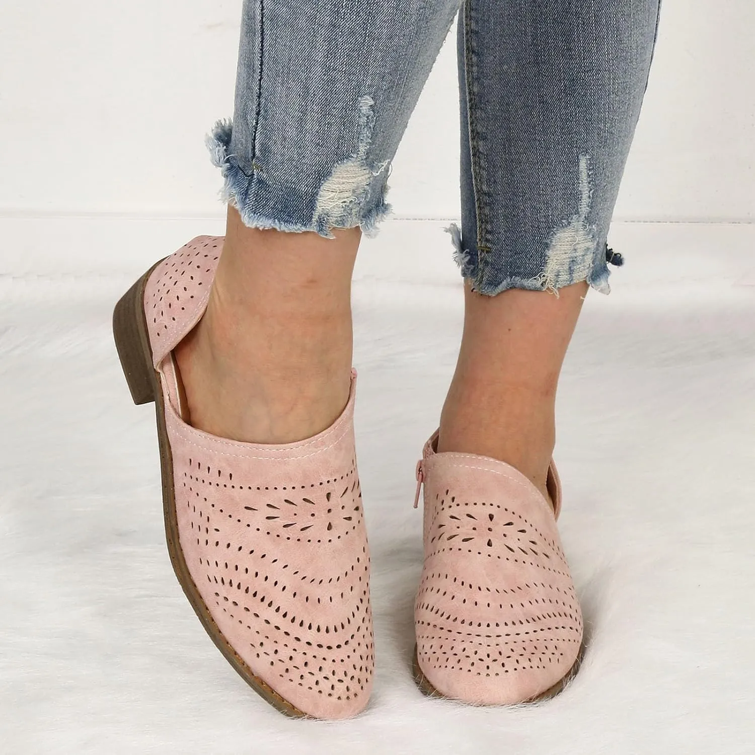 Ankle Boots for Women Casual Slip On Loafers Pointed Toe Chunky Block Low Heel Shoes Cut out Office Dress Casual Booties