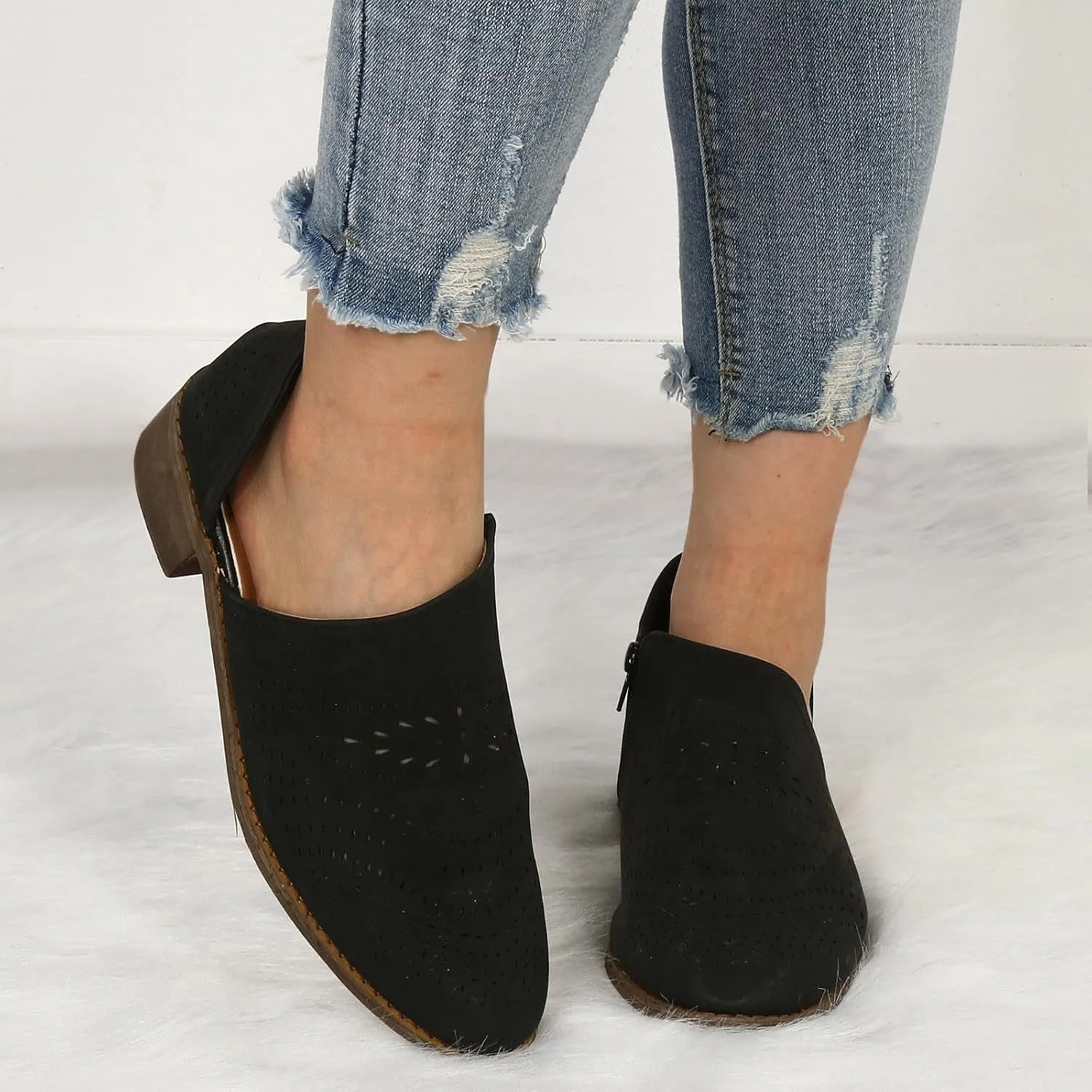 Ankle Boots for Women Casual Slip On Loafers Pointed Toe Chunky Block Low Heel Shoes Cut out Office Dress Casual Booties