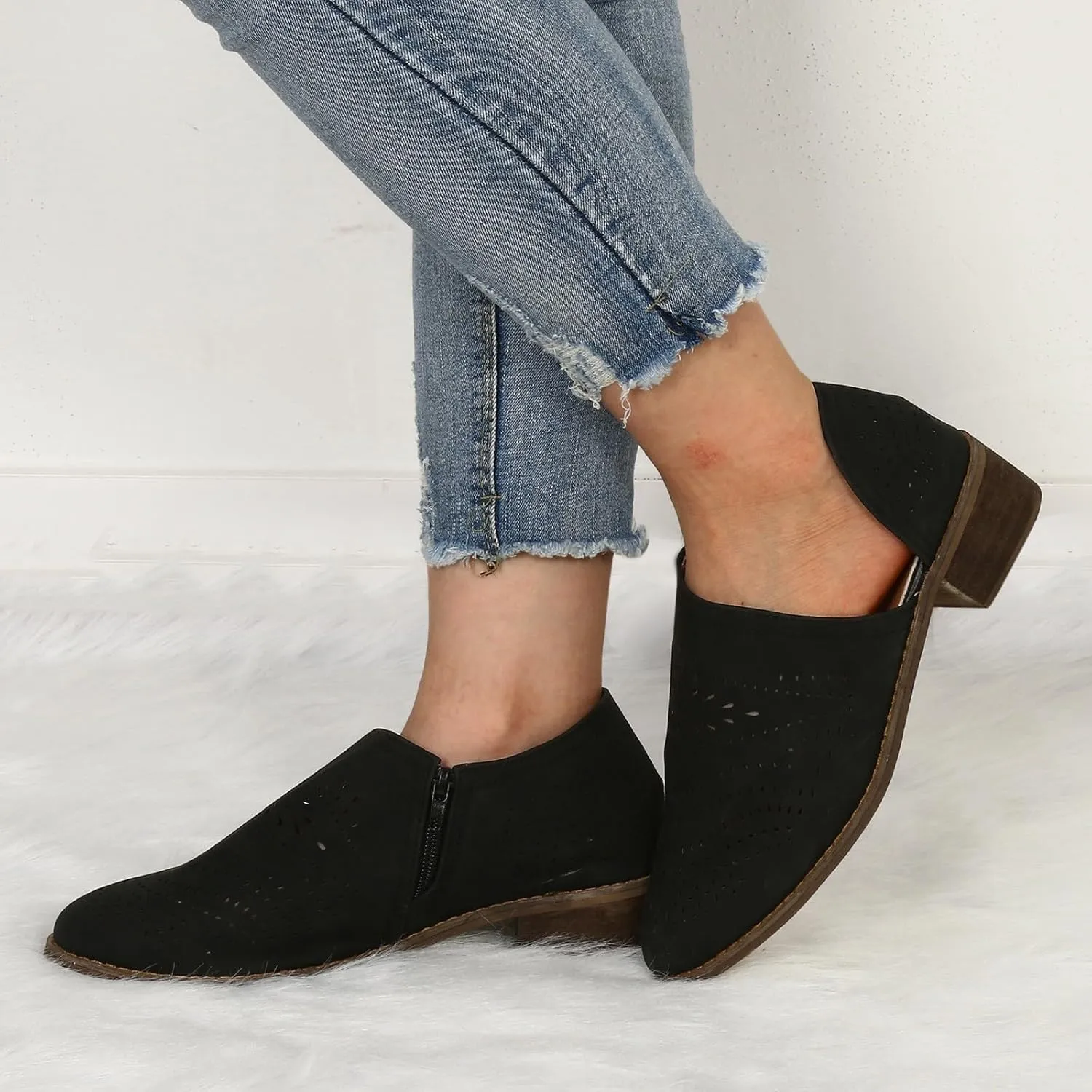 Ankle Boots for Women Casual Slip On Loafers Pointed Toe Chunky Block Low Heel Shoes Cut out Office Dress Casual Booties