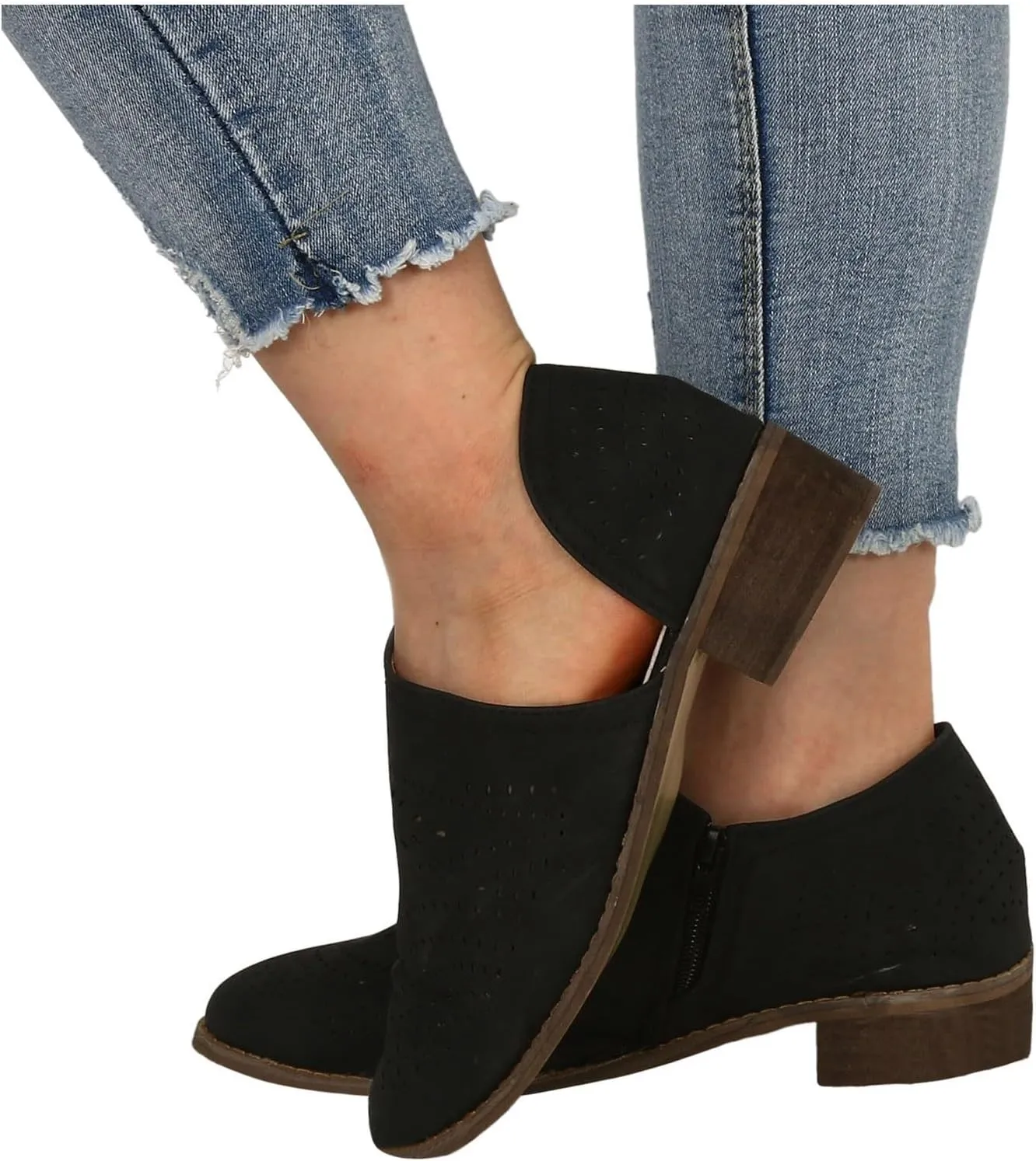 Ankle Boots for Women Casual Slip On Loafers Pointed Toe Chunky Block Low Heel Shoes Cut out Office Dress Casual Booties