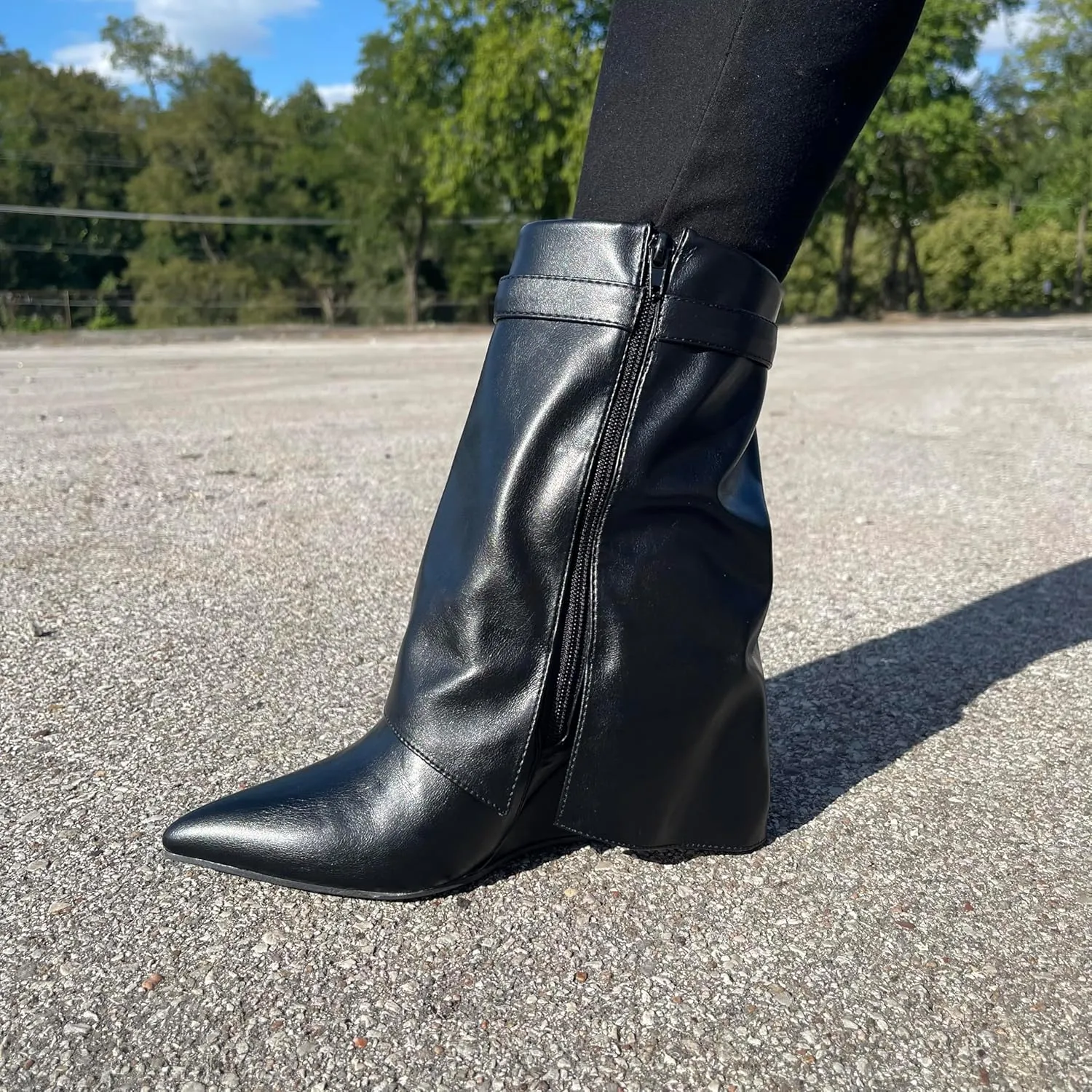 BAMBOO Women's Black Casual Wedge Mid Calf Boots