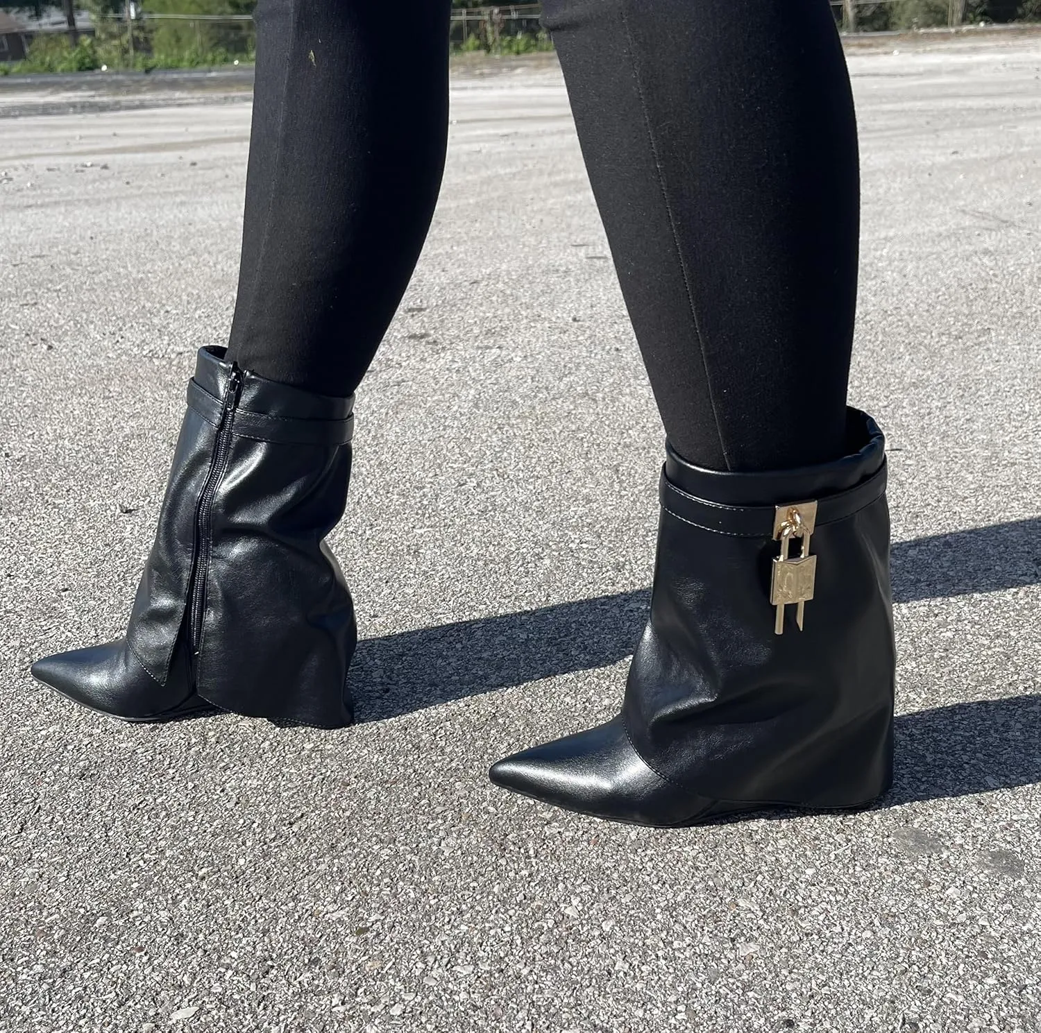 BAMBOO Women's Black Casual Wedge Mid Calf Boots