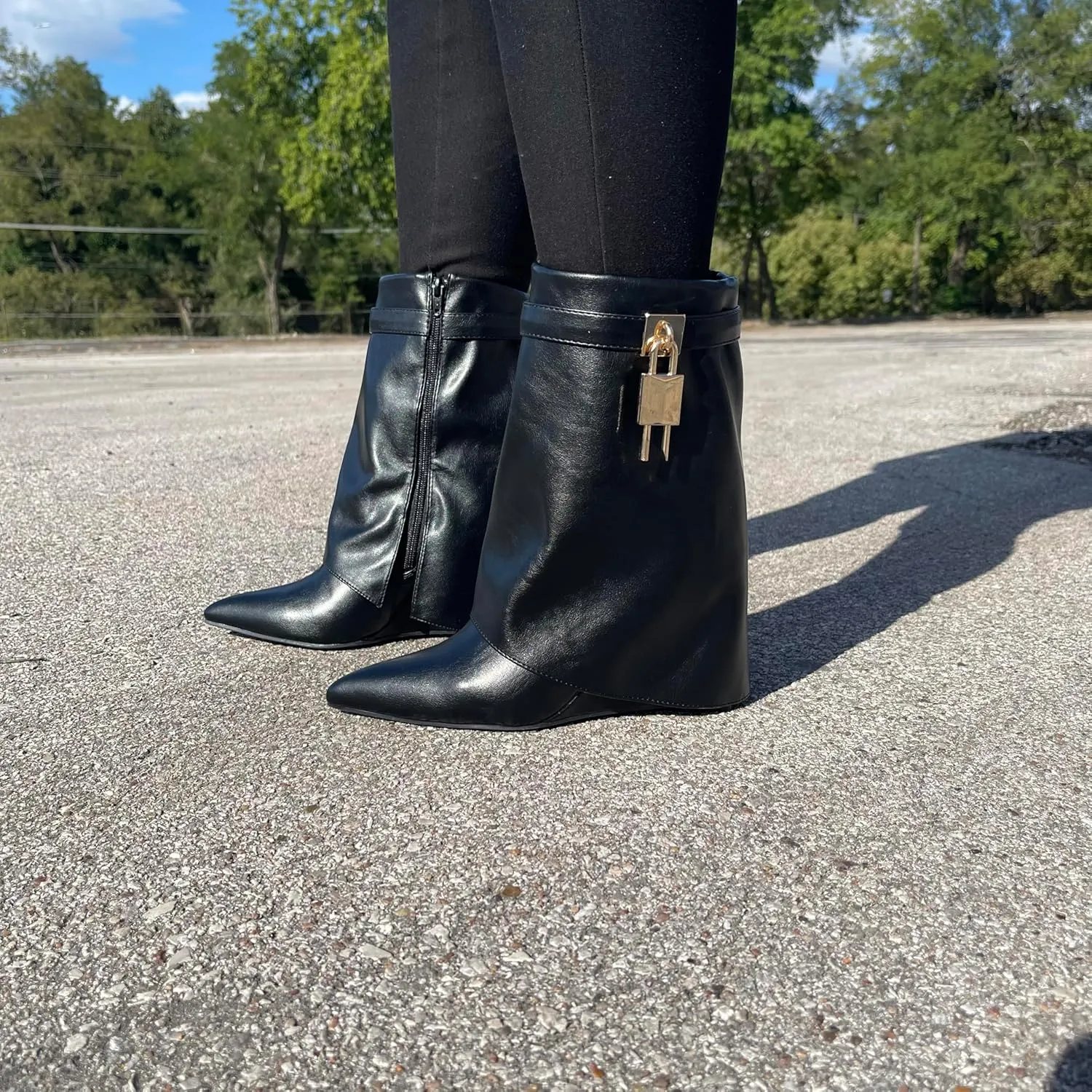 BAMBOO Women's Black Casual Wedge Mid Calf Boots