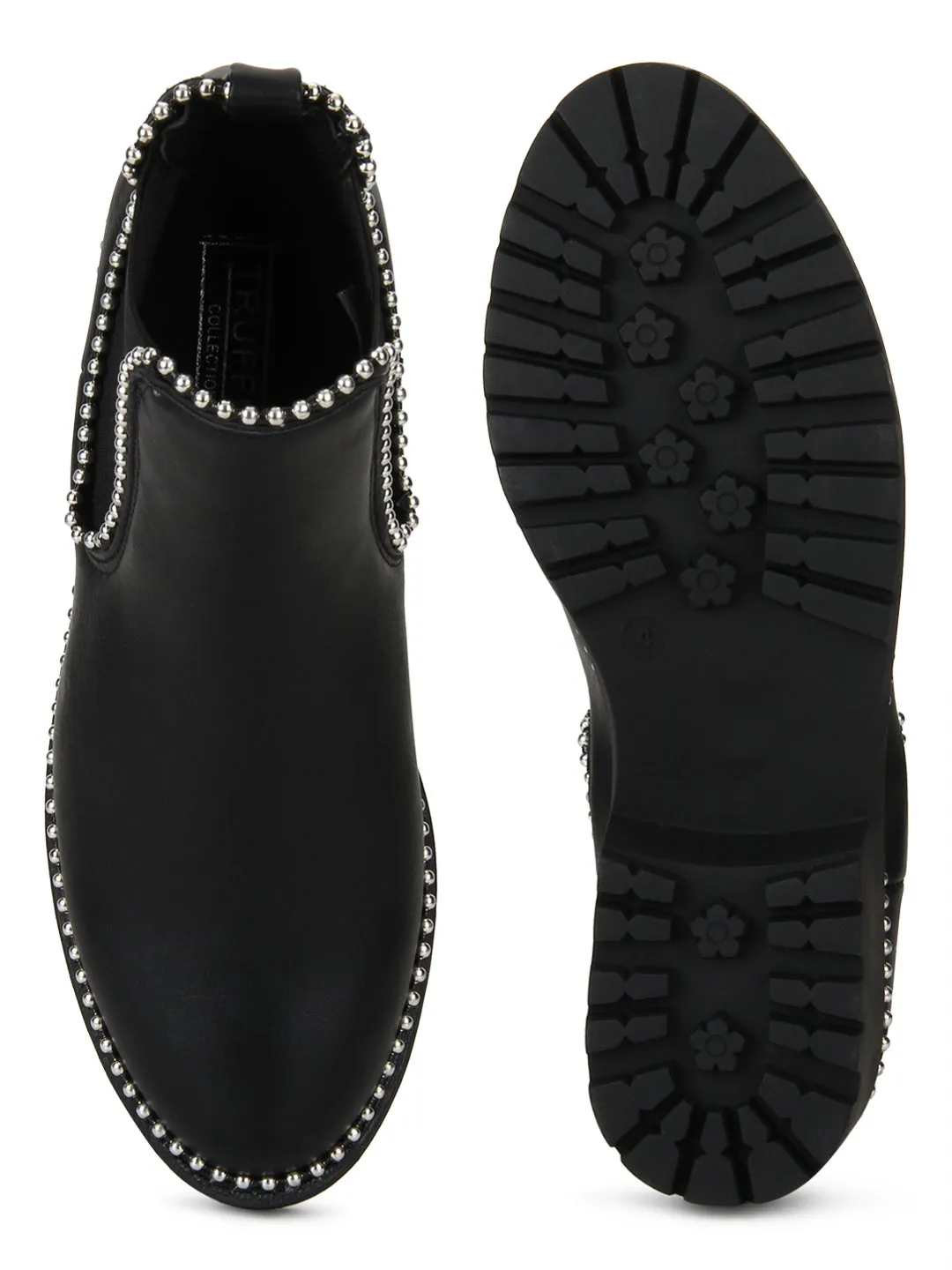 Black PU Studded Low Heel Ankle Boots