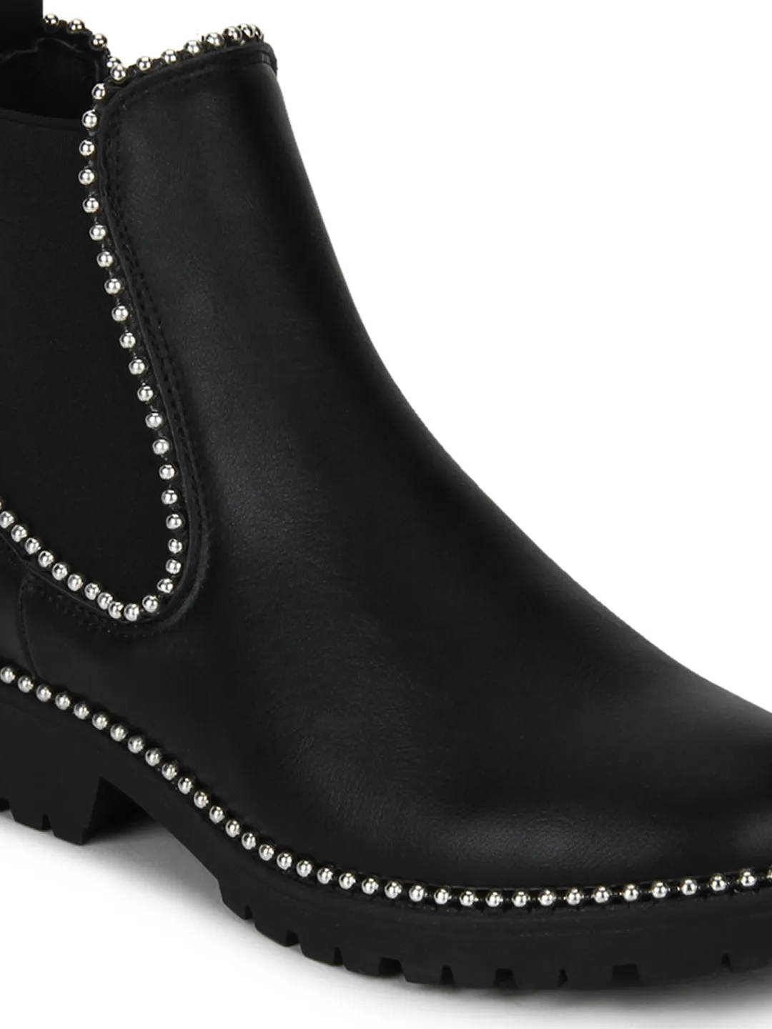 Black PU Studded Low Heel Ankle Boots