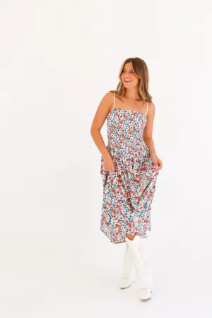 FLORAL SMOCKED  DROP-WAIST MIDI DRESS