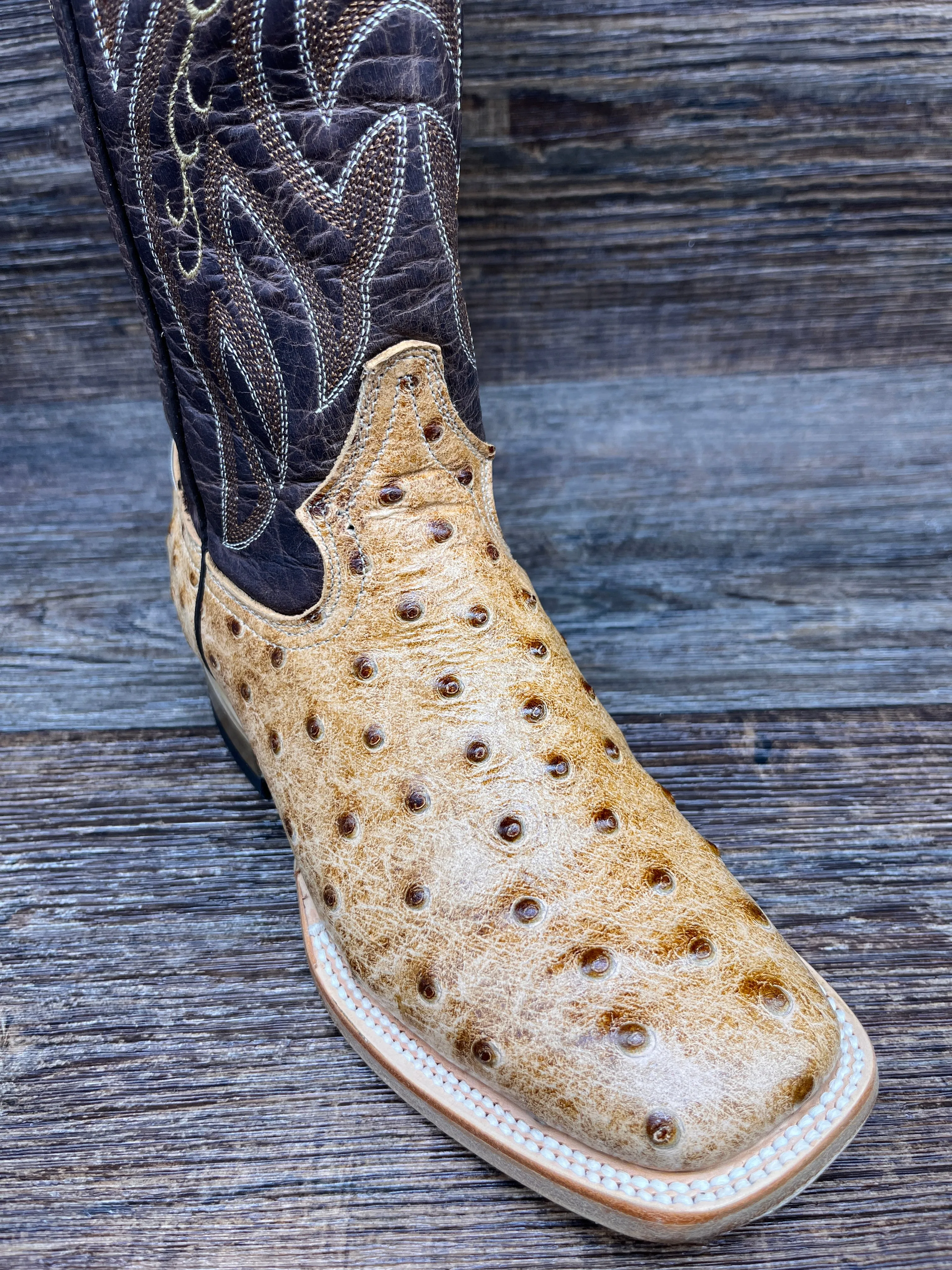 Q477 Women's Tan Faux Ostrich Print Square Toe Western Boot by Cowtown