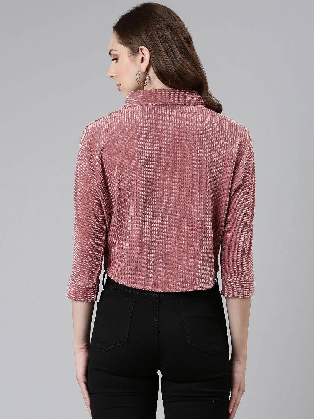 Shirt Collar Kimono Sleeves Self Design Mauve Crop Top
