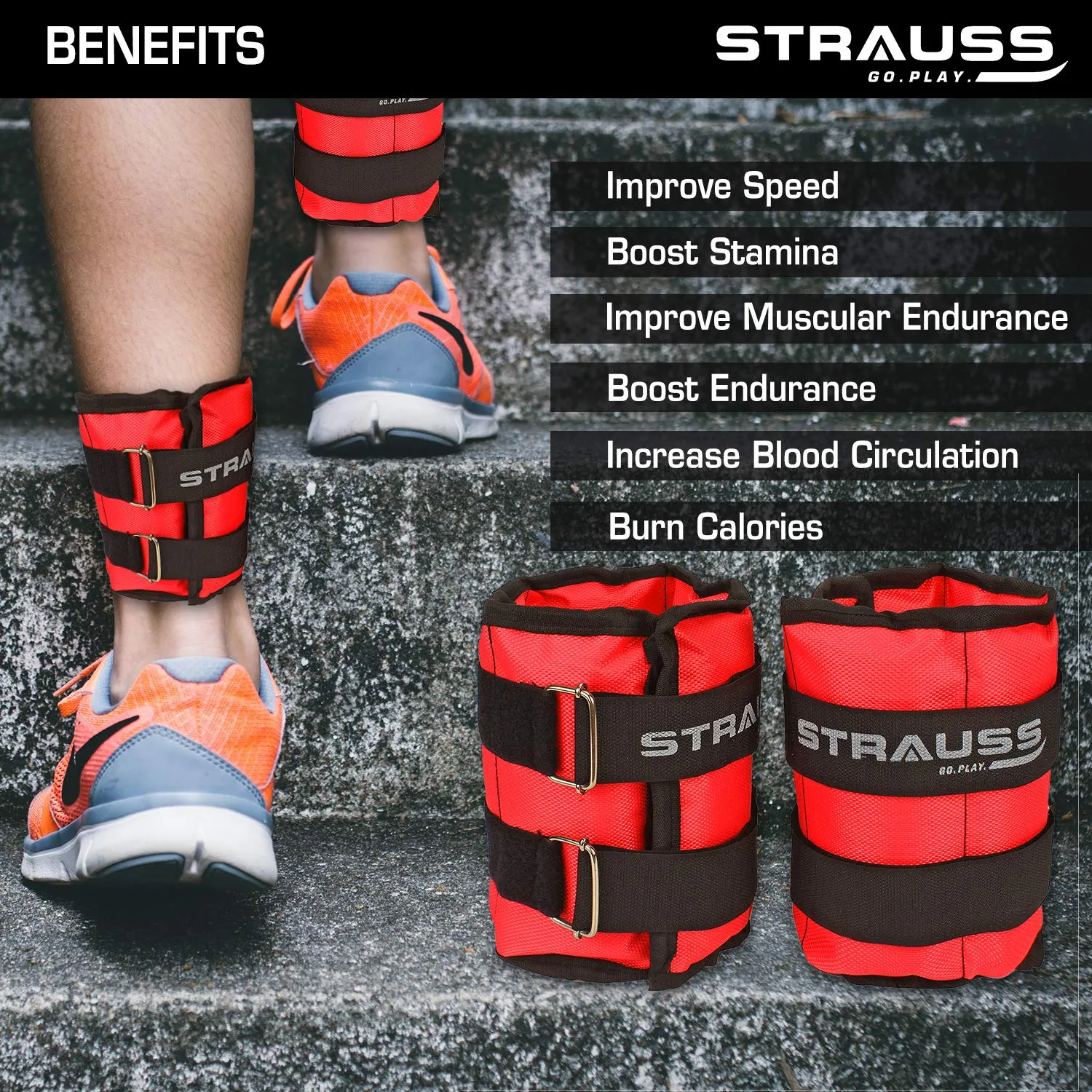 Strauss Adjustable Ankle/Wrist Weights 1.5 KG X 2 | Ideal for Walking, Running, Jogging, Cycling, Gym, Workout & Strength Training | Easy to Use on Ankle, Wrist, Leg, (Red)