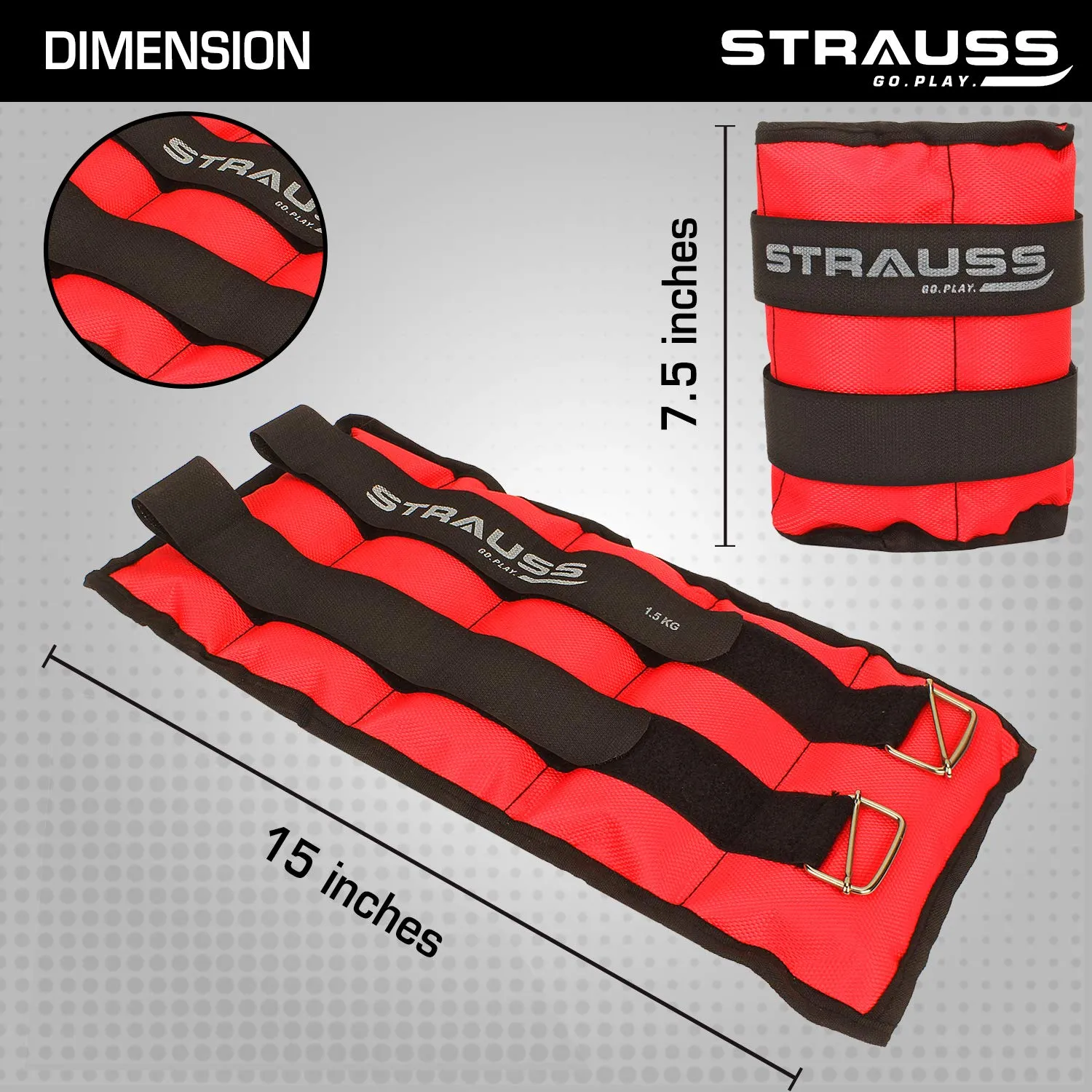 Strauss Adjustable Ankle/Wrist Weights 1.5 KG X 2 | Ideal for Walking, Running, Jogging, Cycling, Gym, Workout & Strength Training | Easy to Use on Ankle, Wrist, Leg, (Red)