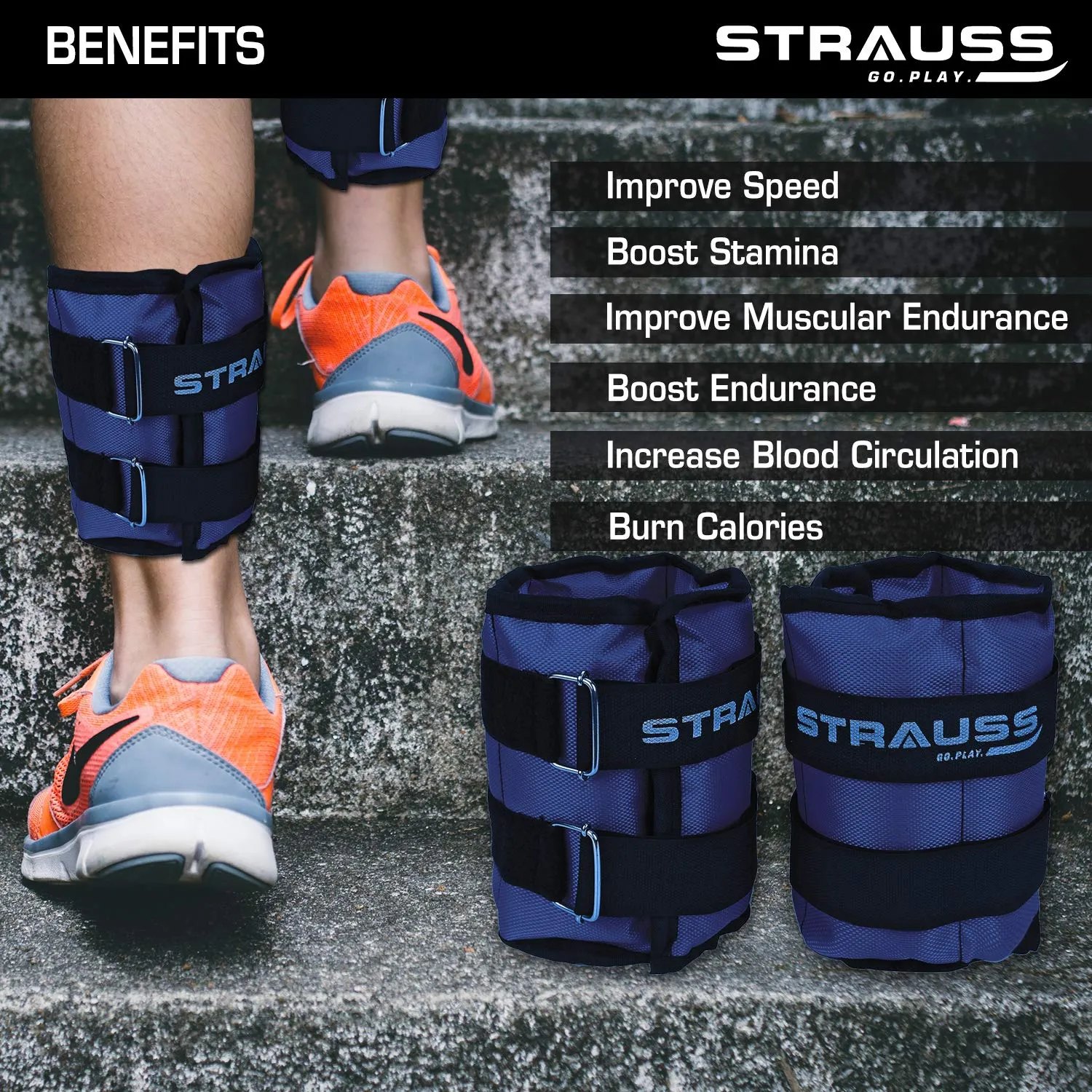Strauss Adjustable Ankle/Wrist Weights 2 KG X 2 | Ideal for Walking, Running, Jogging, Cycling, Gym, Workout & Strength Training | Easy to Use on Ankle, Wrist, Leg, (Blue)