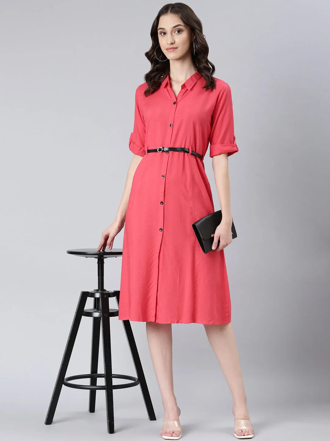 Women Peach Solid Shirt Dress